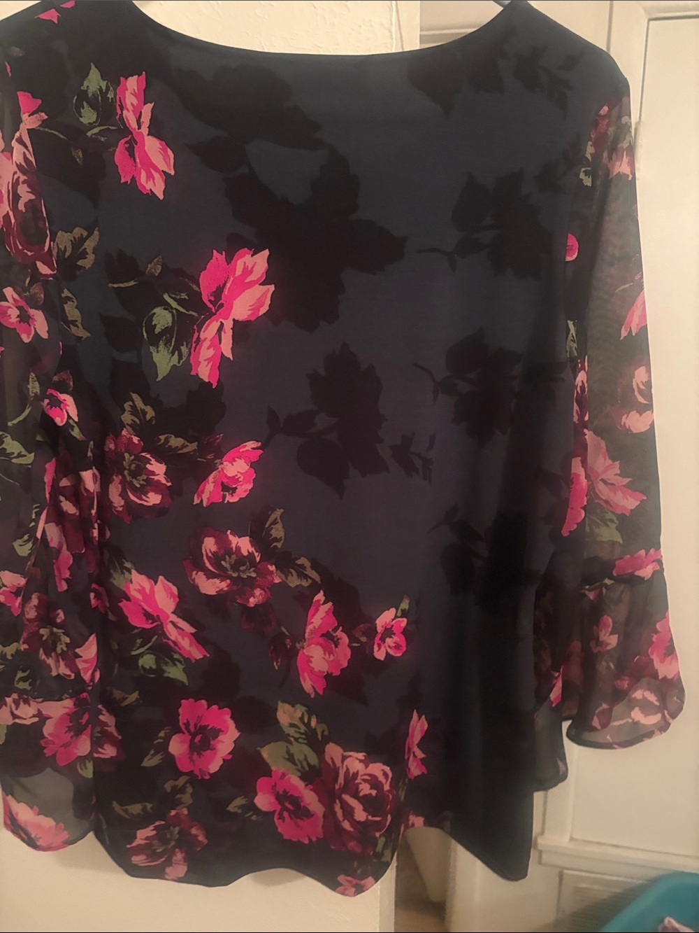 Susan Graver Black Floral Sheer Sleeve Top - Pink Floral - Picture 4 of 4